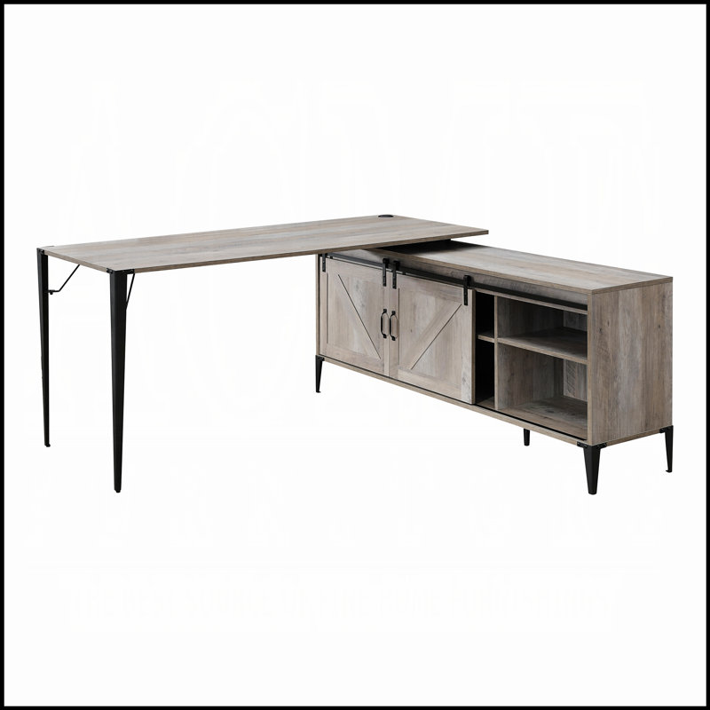 Bureau d'écriture en L avec armoire, portes de grange coulissantes, rangement spacieux et fabrication en bois composite durable pour les bureaux à domicile modernes.