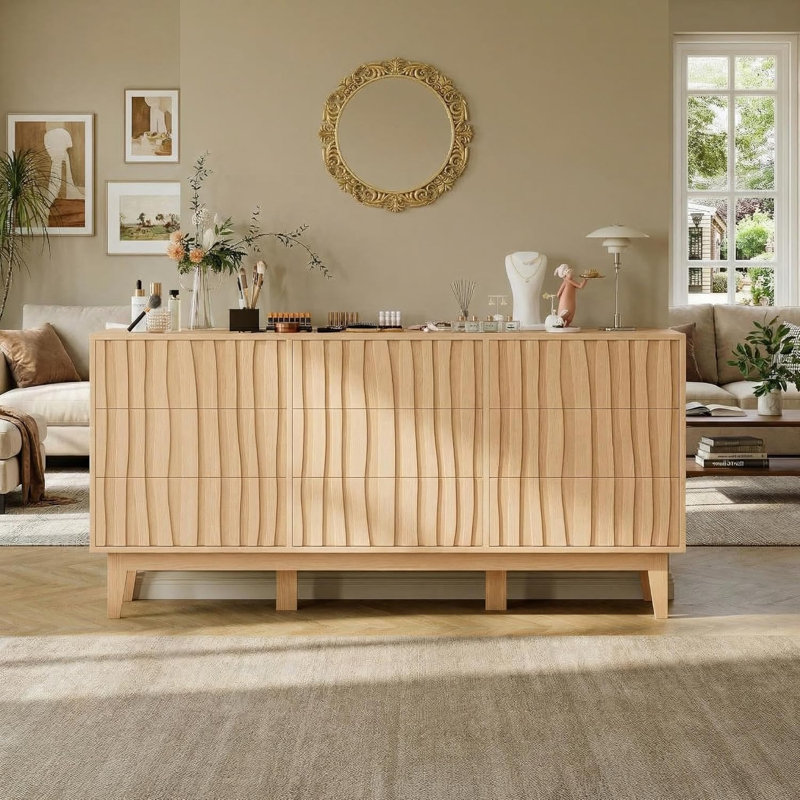 Commode cannelée 59 po avec 9 tiroirs 59 po - Armoire de rangement autoportante en bois, commode pour chambre à coucher, salon, entrée, couloir