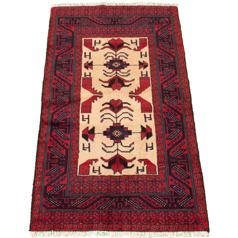 Tapis décoratif en laine noué à la main de conception unique noué à la main des années 70 en laine rouge/beige/noir de 3 pi x 5 pi 11 po