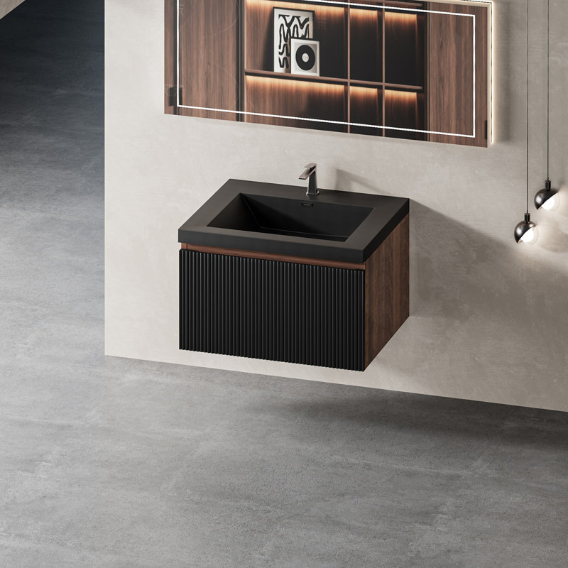 Meuble-lavabo flottant avec lavabo, Noyer, Noir, 24"
