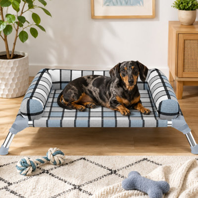 Portable elevated dog cot with bolster pillow, breathable hammock fabric, a stainless steel frame, and anti-slip feet for indoor or outdoor use.