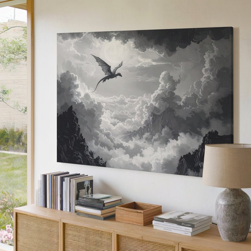 Toile solitaire avec dragon monochrome, H 9 po x l 12 po