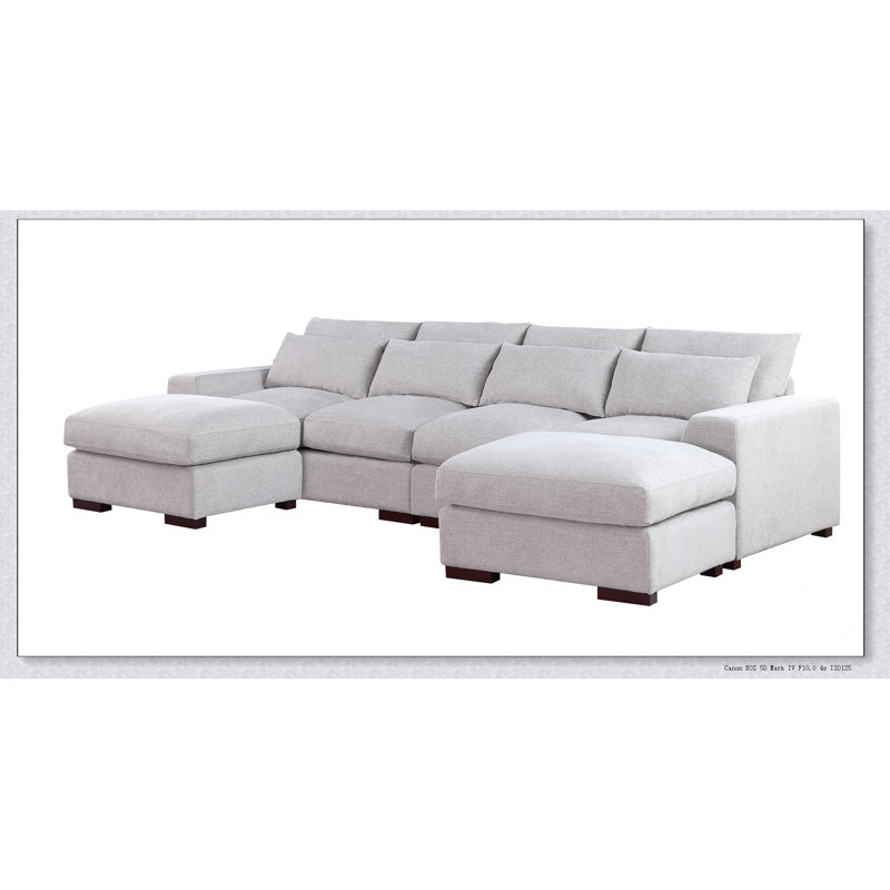 Tatman Linen Blend Sectional With 2 Ottomans, Light Gray Linen