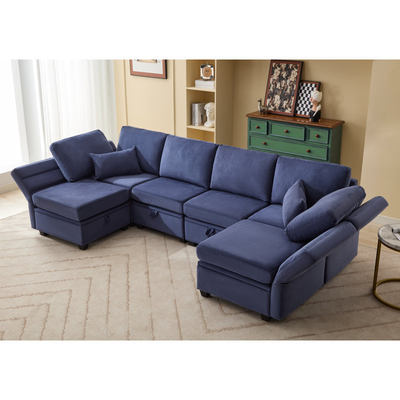 Modular Sectional Sofa With Storage Seats, Navy Polyester Blend