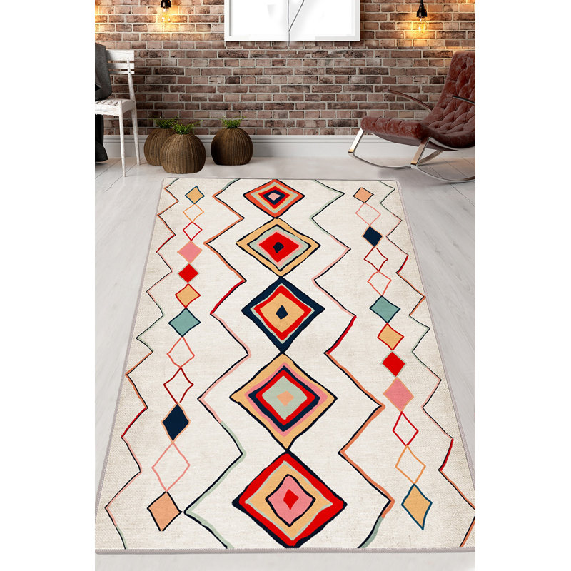 Rectangle Moroccan Machine Woven Area Rug in Ivory/Red/Beige, Rectangle 4'11" x 6'7"