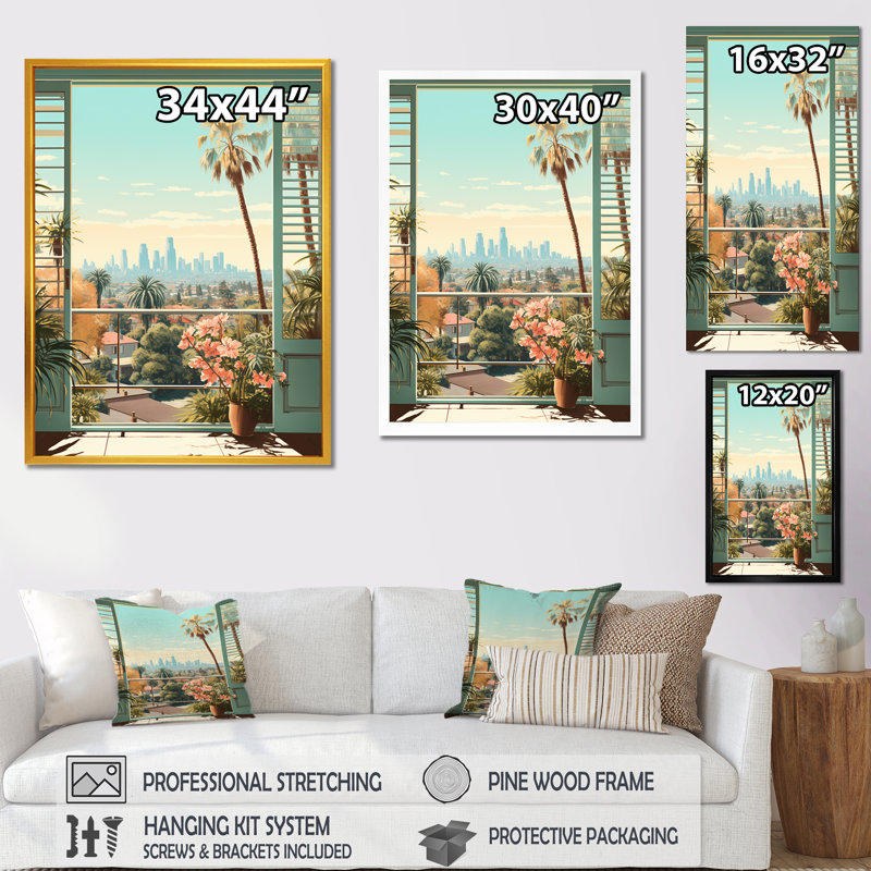 «Vintage Los Angeles Window View 2», art mural floral, Cadre flottant noir, H 44 po x l 34 po x P 1,5 po