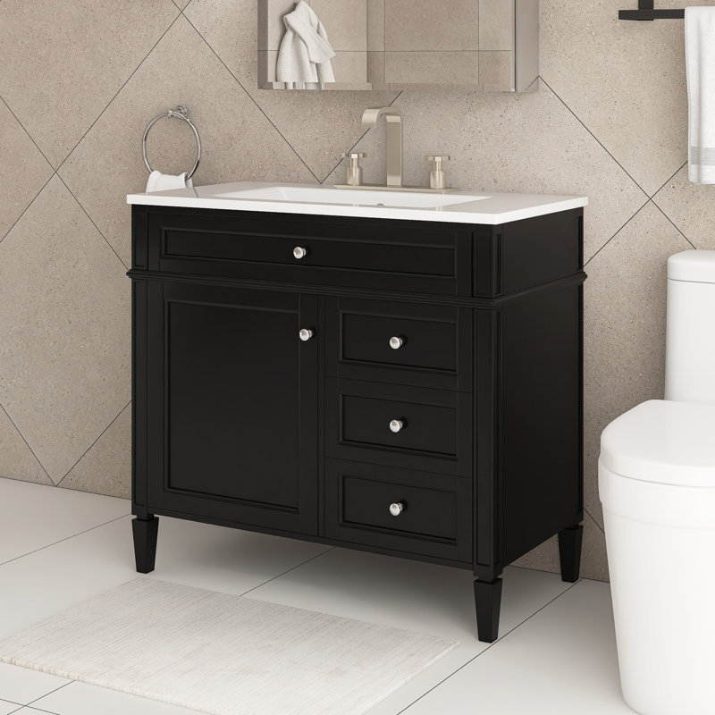 36 po Meuble-lavabo autoportant noir avec lavabo supérieur, Noir, noir, noir, noir, Blanc