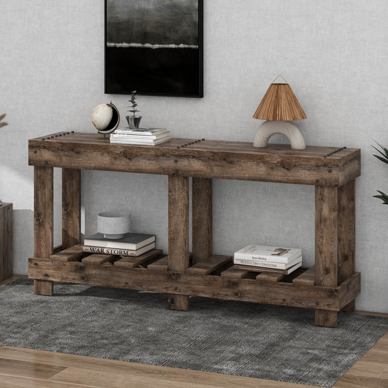 Table d'entrée Vintage - Bois de sapin massif avec grain naturel, rivet en métal et planche, Naturel