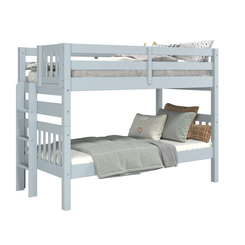Treva Solid Wood Standard Twin over Twin Bunk Beds, 3 Step Ladder, Breezy Blue, Blue