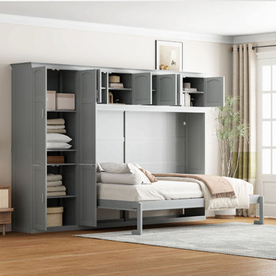 Grand lit escamotable mural avec armoires, gris