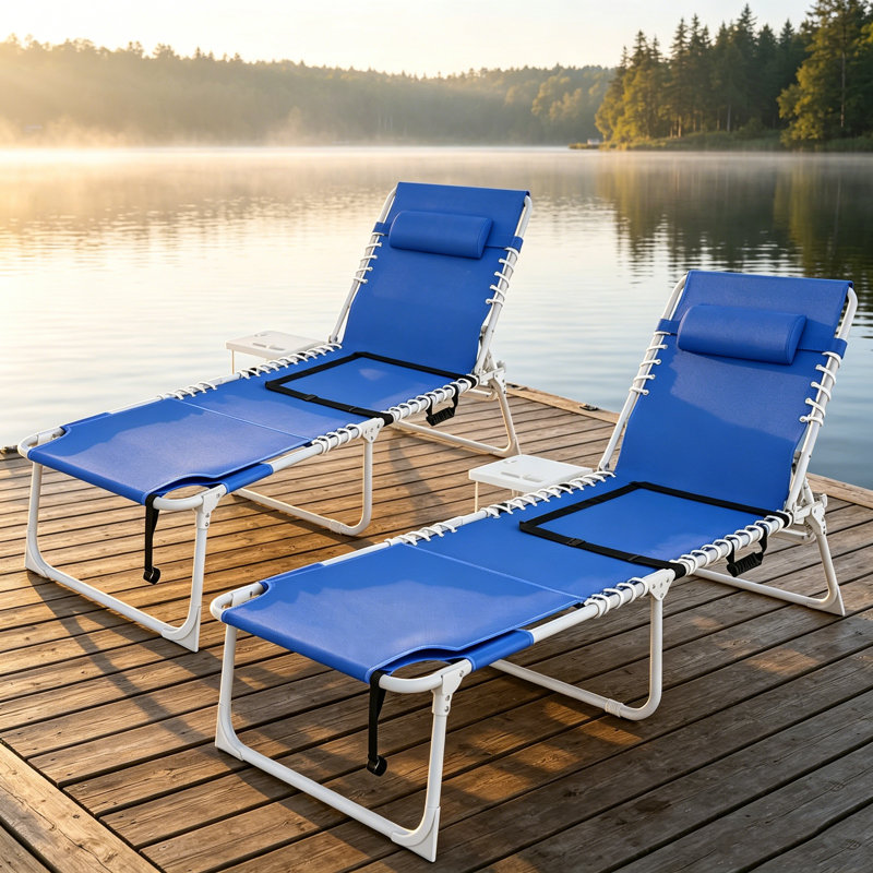 4-Piece Pool Lounger Set With Folding Side Tables – Beach Chairs With Face Hole, Arm Openings & 5-Position Recline, Mesh Backpack Chairs For Outdoor Patio, Poolside, Travel