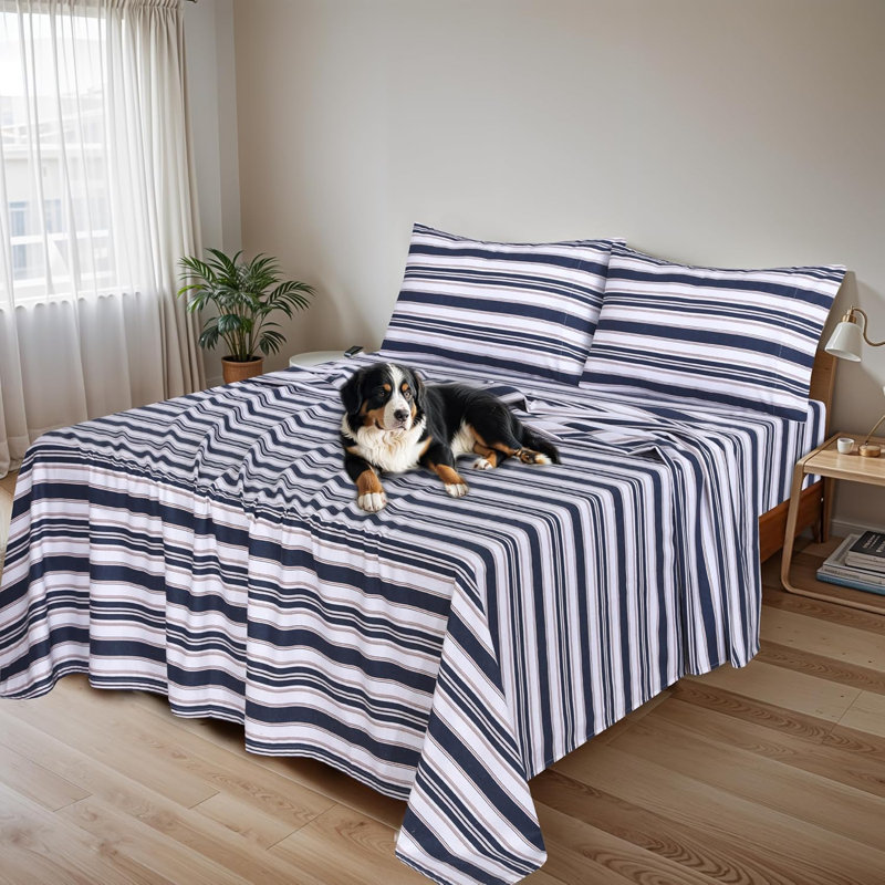 100% Cotton Flannel Sheet Set 4 Piece Warm Cozy Fall Sheets 16 inch Deep Pocket Bed Sheets, Maritime Striped