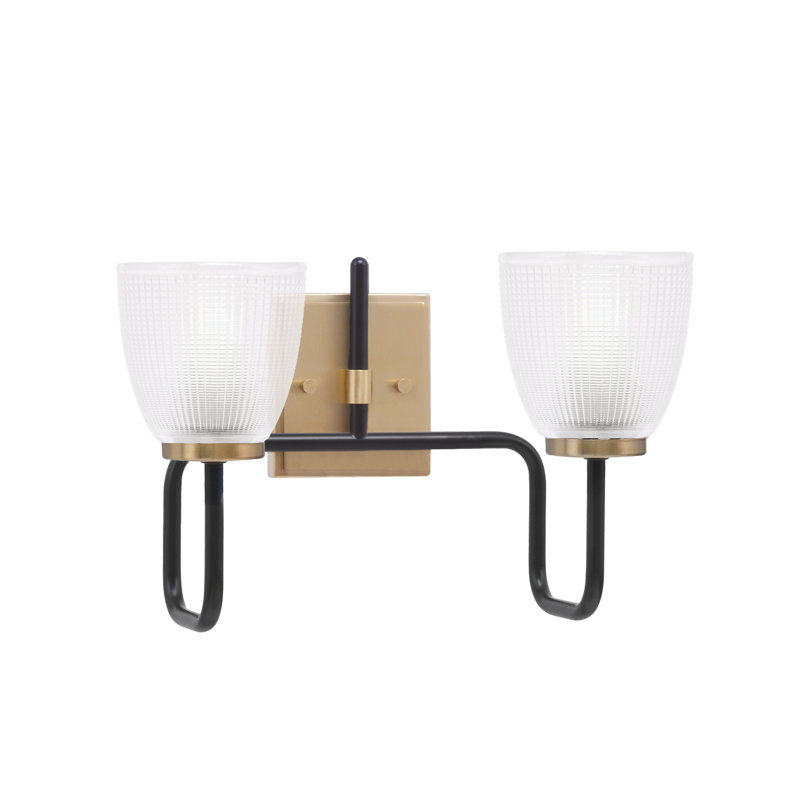 Barre d'éclairage de salle de bain 2 lumières Amarmula, noir mat et laiton vieilli, verre strié transparent de 5 po