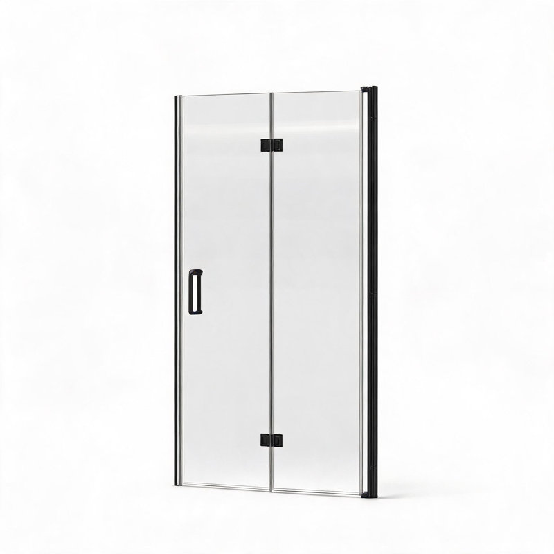 Porte de douche pliable sans cadre en alliage d'aluminium noir mat de 81 cm x 183 cm avec verre trempé