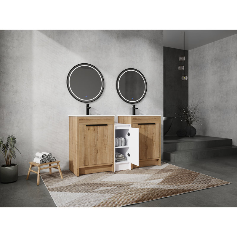 Meuble-lavabo autoportant de 60 pouces avec lavabo en céramique et armoires de rangement, 5 pièces, contreplaqué, blanc brillant et chêne imitation, porte à fermeture douce, ensemble KD