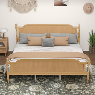 Rattan King Size Platform Bed Frame - Handwoven Rattan Headboard And Footboard, Solid Pine Wood, No Box Spring Needed , Walnut