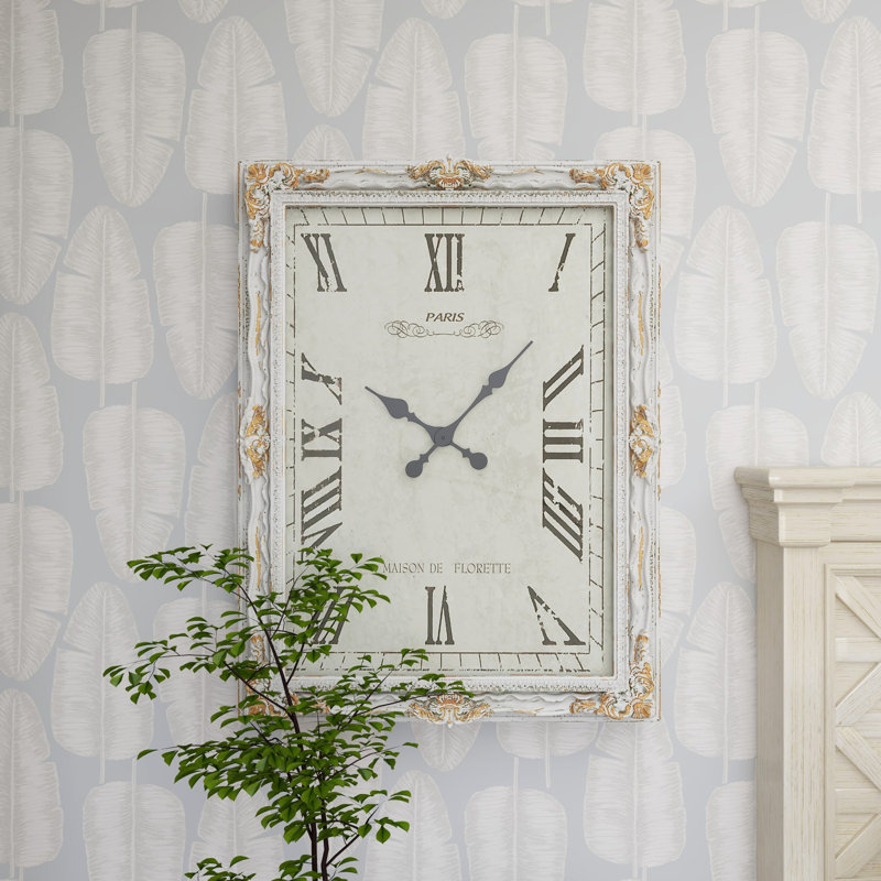 Mulford Wooden Carved Acanthus Floral Decorative White Wall Clock with Distressing
