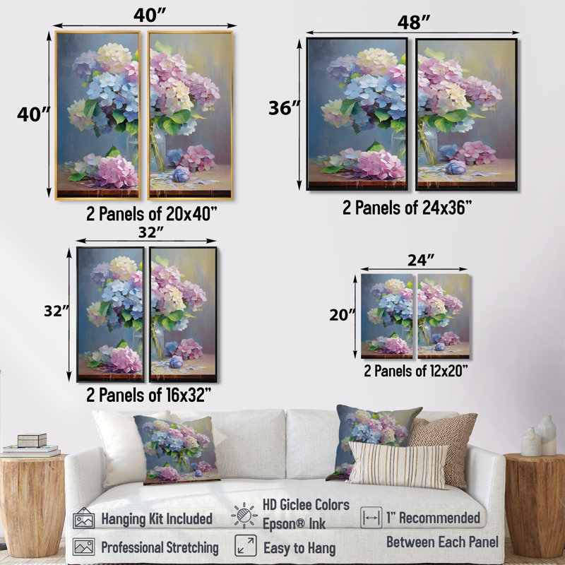 Nature morte vase hortensia Bouquet pastel doux I - grand hortensia art mural, 40" H x 40" W, Brown