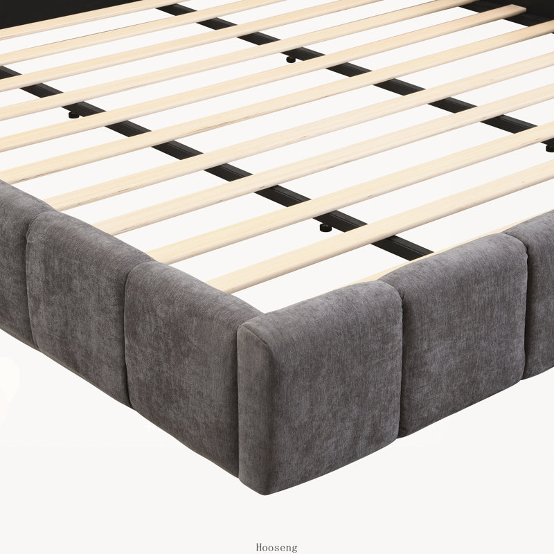 Lit élégant en chenille beige à motif damier, King, gris, Très grand lit, Gris