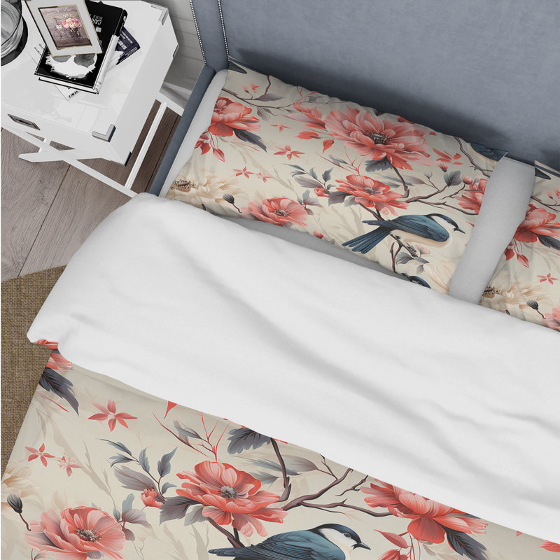 Ensemble de housse de couette Birds On Branch, Housse de couette pour grand lit et 2 taies décor