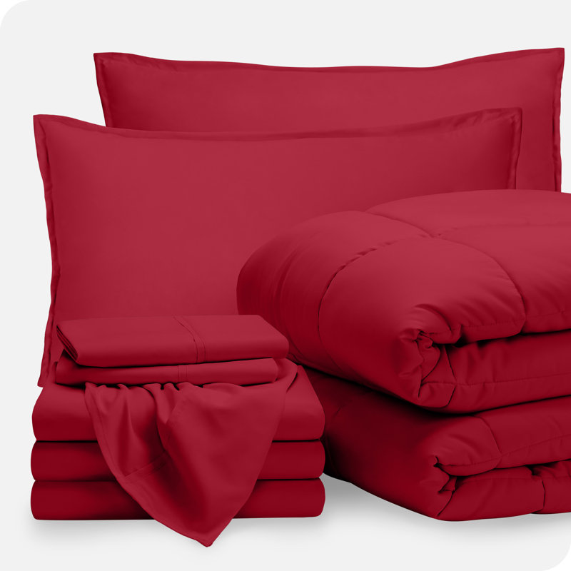 Lit dans un sac en microfibre 1800 de qualité supérieure 1800, Rouge / rouge, Édredon très grand divisé et 7 pièces supplém