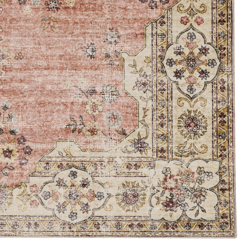 Delacroy Machine Washable Pink and Ivory Area Rug, Rectangle 3' x 5'