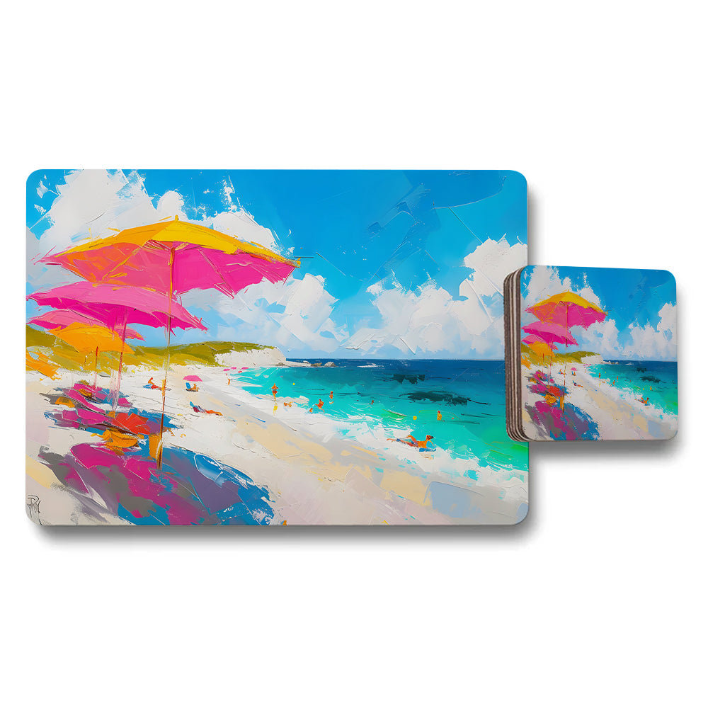 Beach Scene Placemat And Coaster Set With Colorful Umbrellas