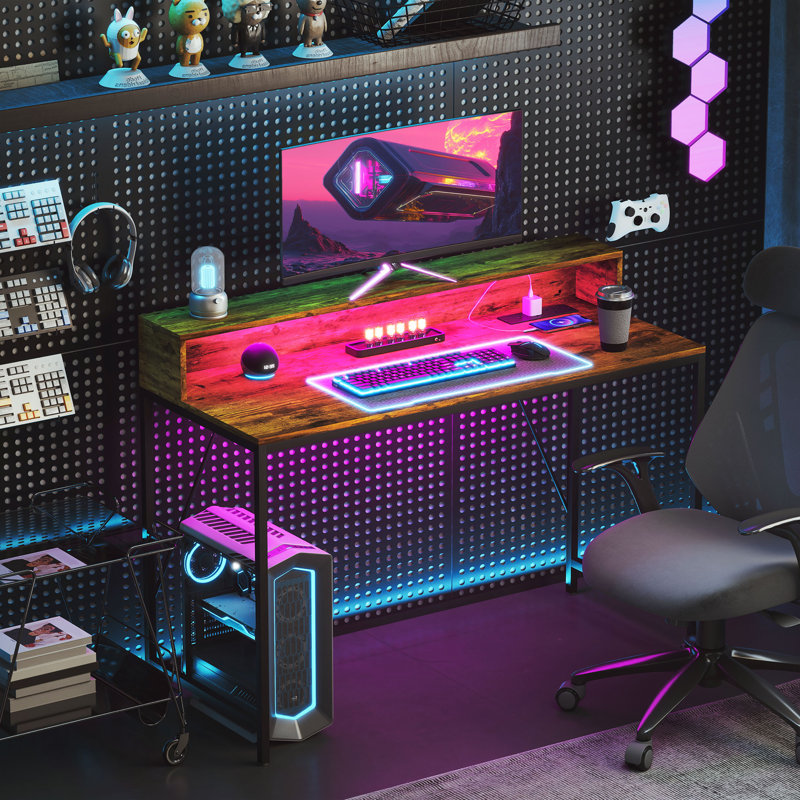 Yingst Computer Desk with LED Light and Charge, Rustic Brown/Black