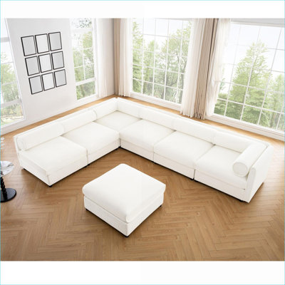 Canapés modulaires | Modulaire moderne de 6 pièces avec rangement, conception cylindrique contemporaine pour le salon | Blanc | Chenille