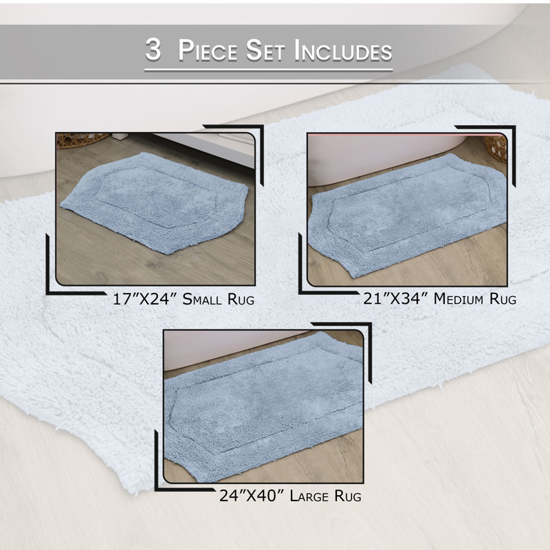 Morissette 100% Cotton Bath Rug, Non-Slip, Quick Dry, Machine Washable - 3 Piece Set, Blue