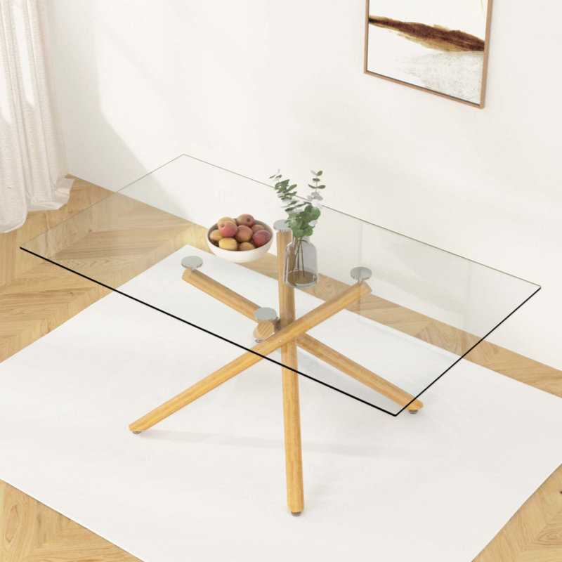 Keaton Large Modern Minimalist Rectangular Glass Dining Table with 0.39" Tempered Glass Top and Gilded Metal Legs for Kitchen, Dining Room, Living Room, Meeting Room, Ballroom 71" x 35.4" x 30"