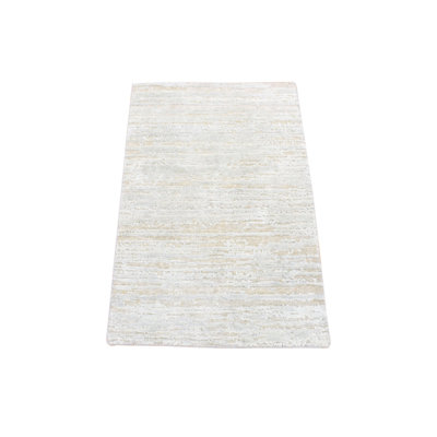 2'x3' Beige Silk with Textured Wool Modern Design Hand Knotted Mat Rug F80DE3F87E884BDB8A6077F91E065488