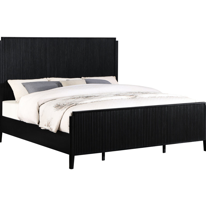 Élégant grand lit noir Mason avec planches carrées complémentaires, textures cannelées et support fiable pour tête de chambre à coucher, embellissement, structure solide