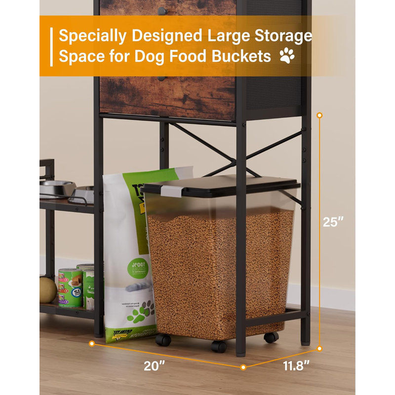 Rustic Brown Adjustable Elevated Dog Bowls with Storage Cabinet