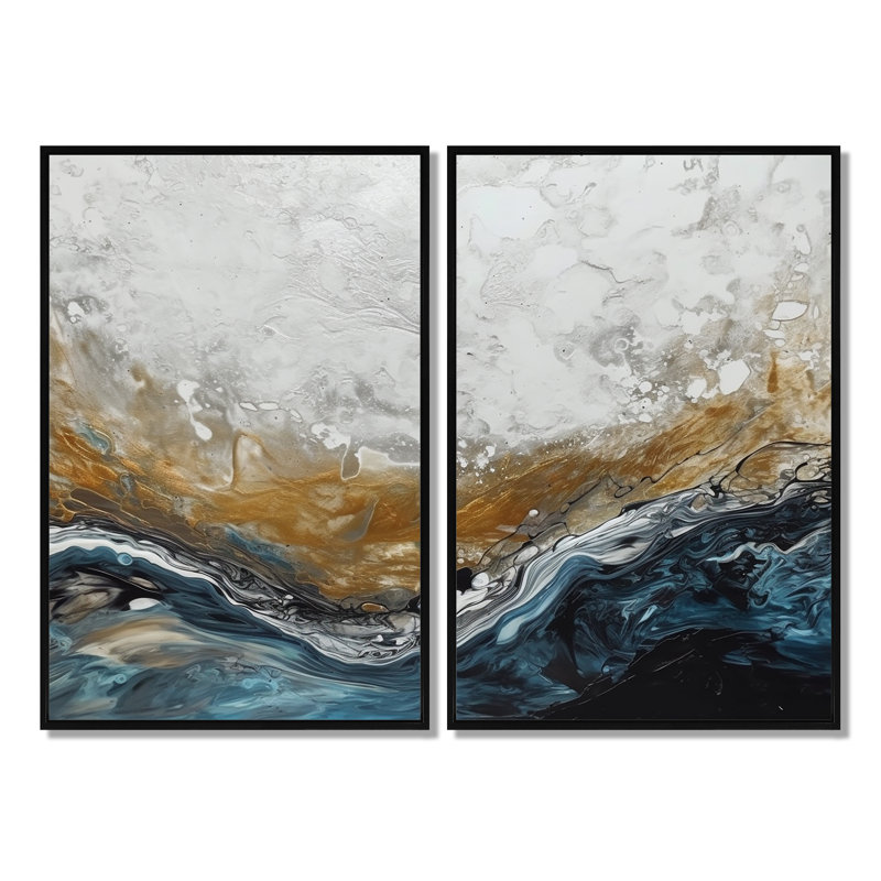 Gris et or moderne abstrait contemporain II - art mural abstrait en marbre 2 pièces, 36'' H x 48'' W, Black