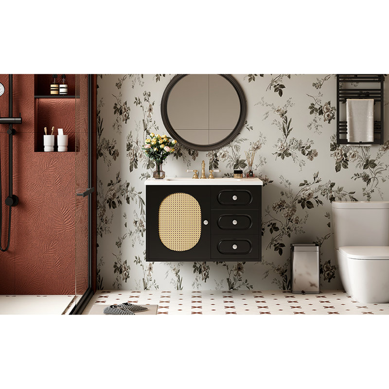 Meuble-lavabo de salle de bain avec design, lavabo inclus, compartiments à extension complète, meuble-lavabo moderne à fermeture en douceur 30 po, lavabo en céramique, tiroirs, charnières silencieuses, base stable