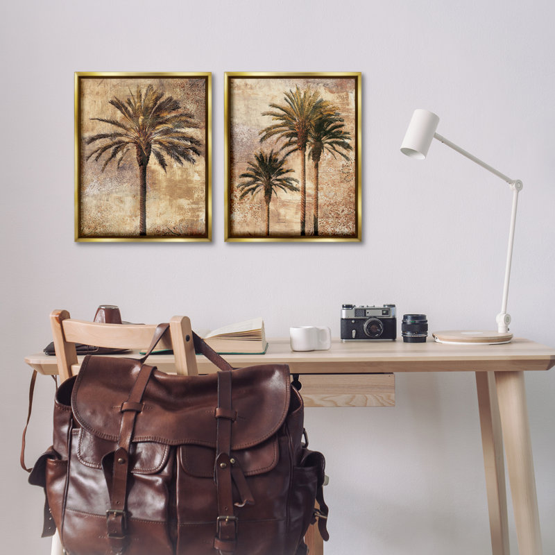  Ensemble de 2 feuilles flottantes Arching Palm Leaves par John Seba, H 21 po x l 17 po, Cadre flottant métallique doré