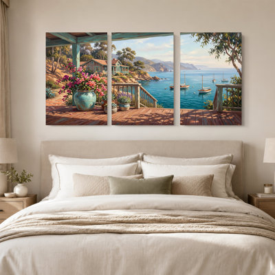 "Coastal Cottage" avec voiliers et fleurs en pot, ensemble de 3 toiles