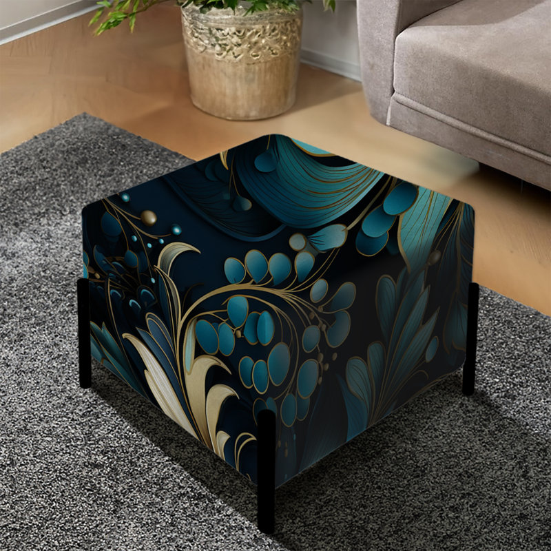 Repose-pieds carré fleuri bleu profond et blanc
