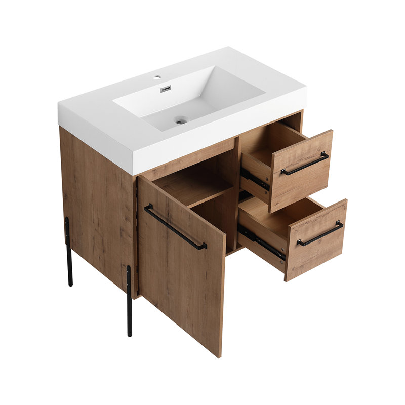 Meuble-lavabo sur pied 36 po avec lavabo en résine blanche, porte d'armoire à fermeture en douceur et 2 tiroirs, imitation chêne