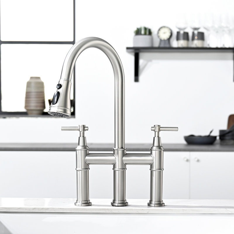 3 Hole Brushed Nickel Kitchen Faucet, Pull Down , 2 Handles, Classic And Modern Blend Faucet For Sink, Handle,