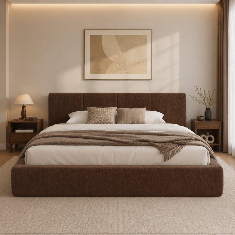Structure de lit plateforme tapissier avec tête de lit, base de lit moderne de style nuage, aucun sommier requis, Brun