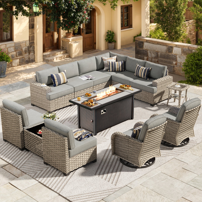 10 - Person Patio Furniture Set with Swivel Rockers, Outdoor Wicker Rattan Sectional Seating Group with Cushions, All Weather Sofa Conversation Set with Fire Pit Table for Garden Backyard