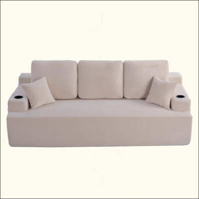 3-Seater Sofa For Living Room, Comfy Couches With Deep Seat, Plush Corduroy Fabric With Cup Holders And Side Storage Pockets For Apartment Lounge