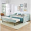 Lit de jour pleine grandeur, lit de jour convertible rembourré avec dossier capitonné, canapé-lit polyvalent 3 en 1 avec lit gigogne escamotable et rangement latéral, parfait pour un salon compact en cyan