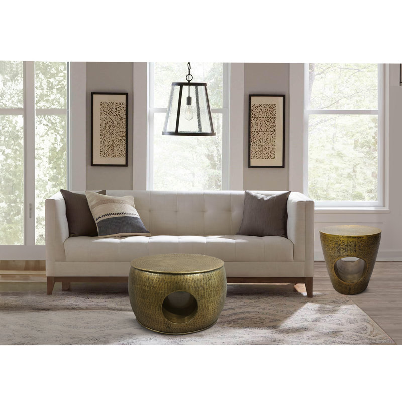 Nala 23 Inch Coffee Table, Low Round Drum Shape With Unique Hollow Centre, Antique Brass Aluminum