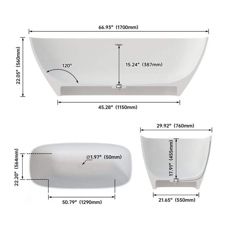 67" Premium Solid Surface Deep Soaking Bathtub