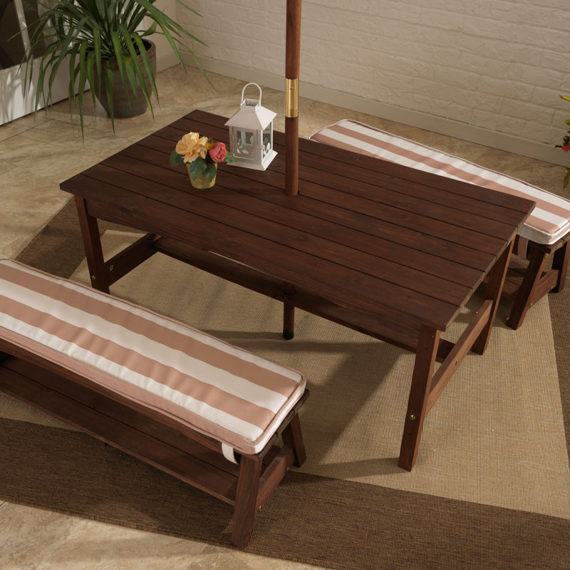Outdoor Wooden Table & Bench with Cushions and Umbrella, Espresso