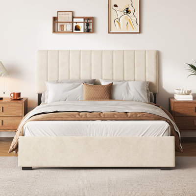 Queen Size Velvet Upholstered Platform Bed with Adjustable Headboard and Metal Slats, Beige
