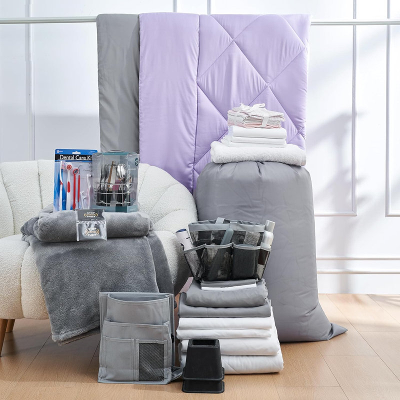 44 Piece College Dorm Bedding And Essentials Package, Purple/Gray